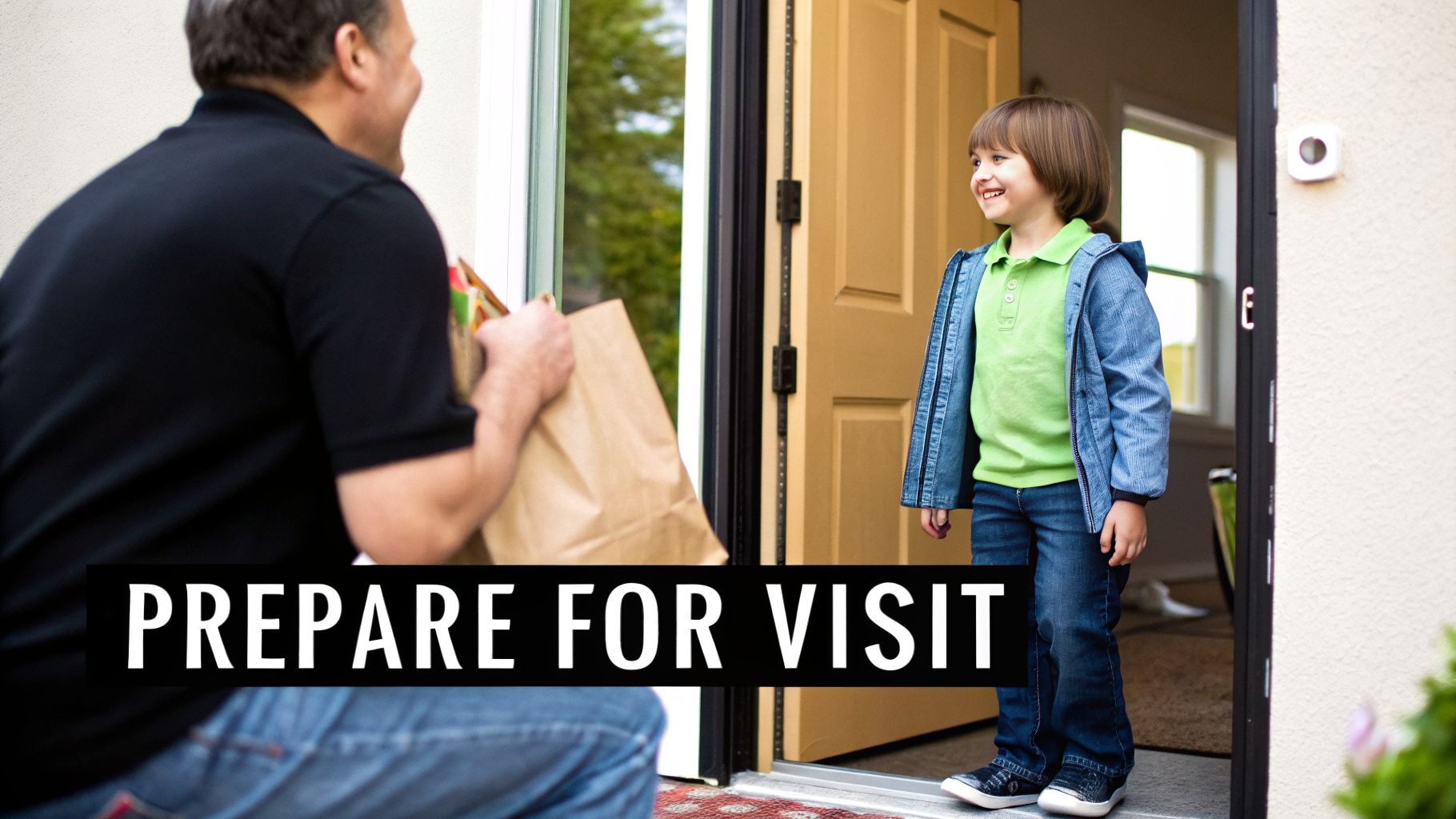 A man delivers a package to a smiling young child standing at the open front door of a house.