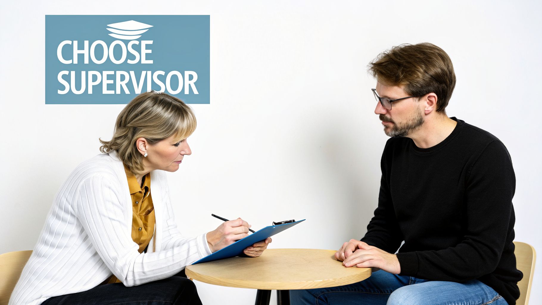 A woman with a clipboard talks to a man under a "CHOOSE SUPERVISOR" sign, possibly for a supervised visitation.