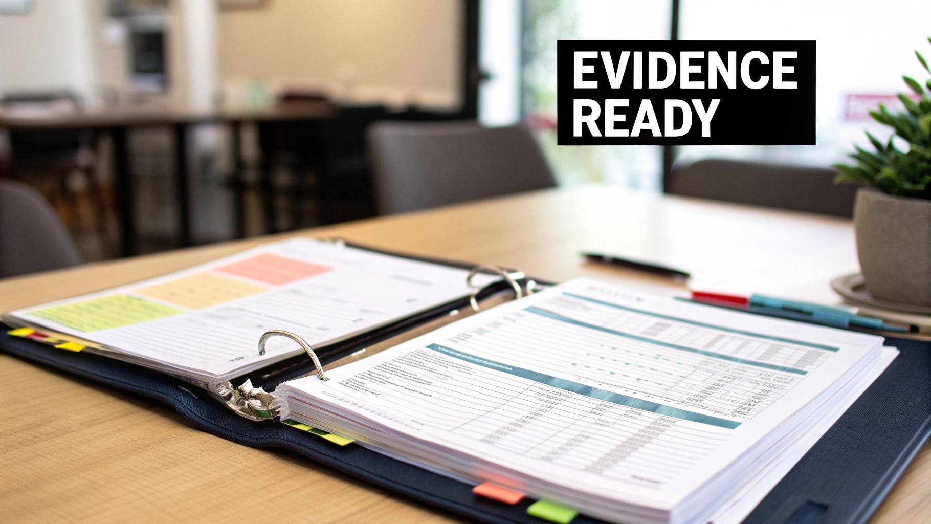 An open binder on a wooden desk with legal documents, charts, and colorful tabs, marked "EVIDENCE READY".