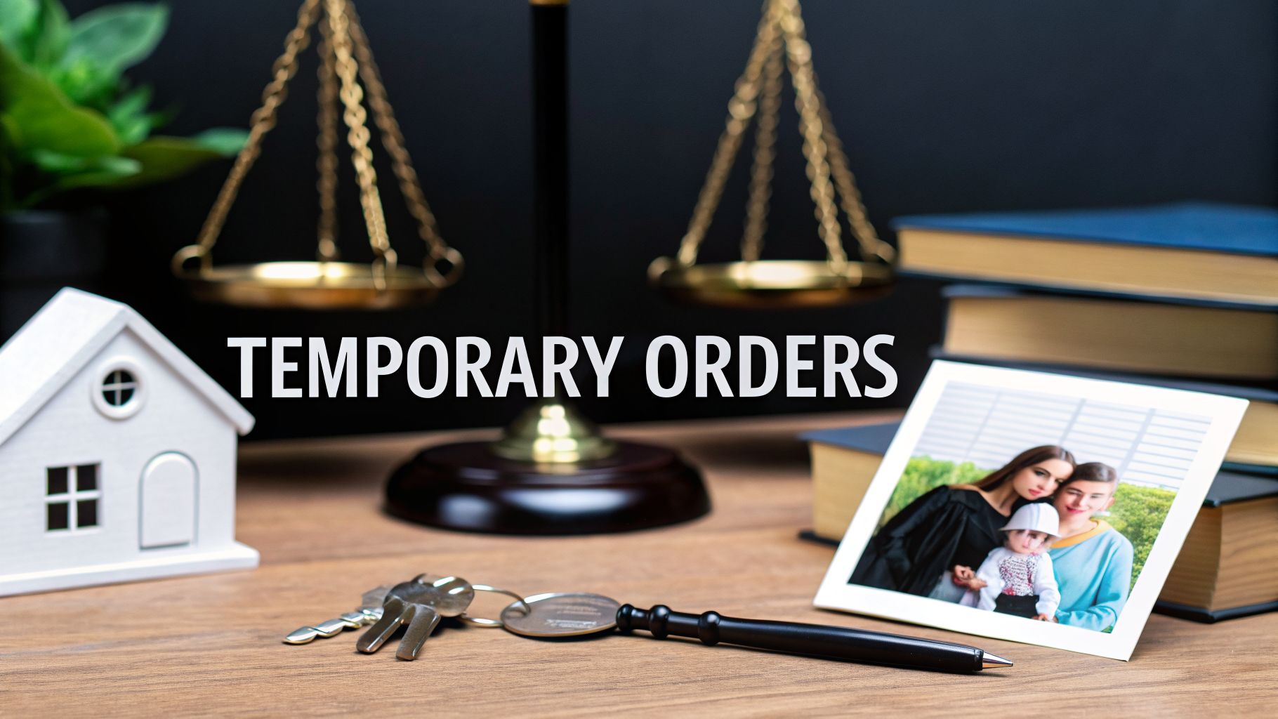 A legal desk with scales of justice, a house model, keys, books, a family photo, and 'Temporary Orders' text.