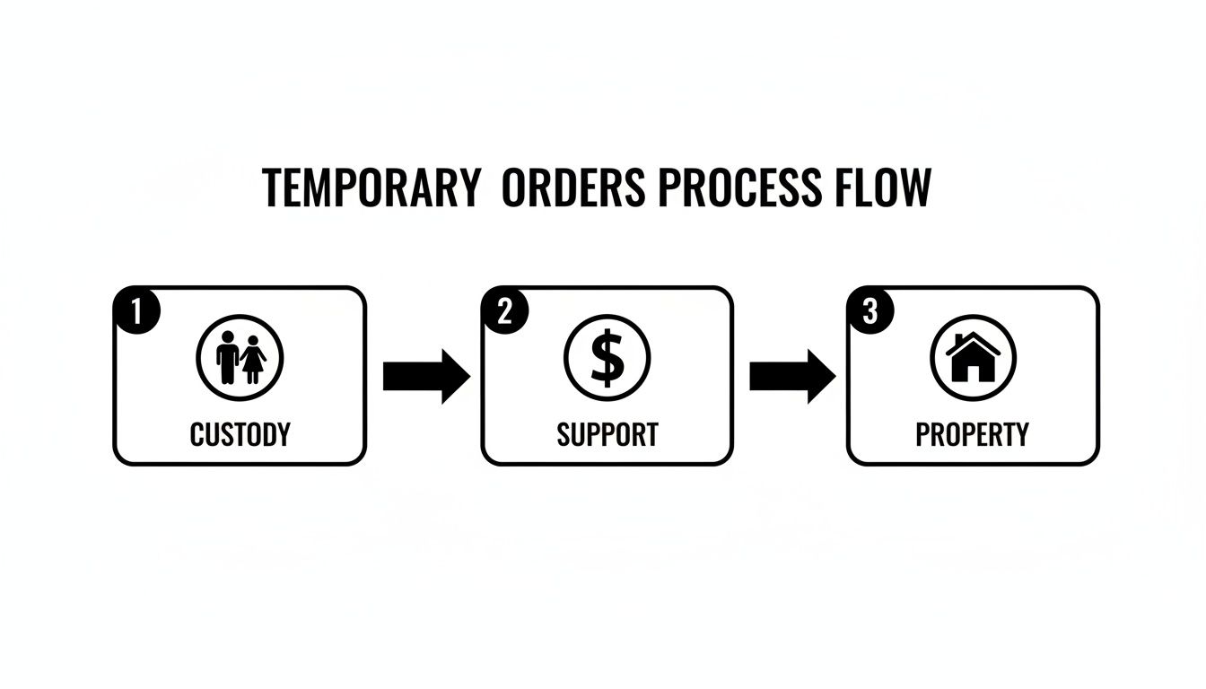 Flowchart illustrating the temporary orders process for legal cases, covering custody, support, and property.