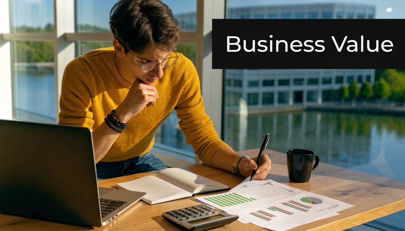 A young man sitting at a desk with a laptop and documents, analyzing business growth charts.
