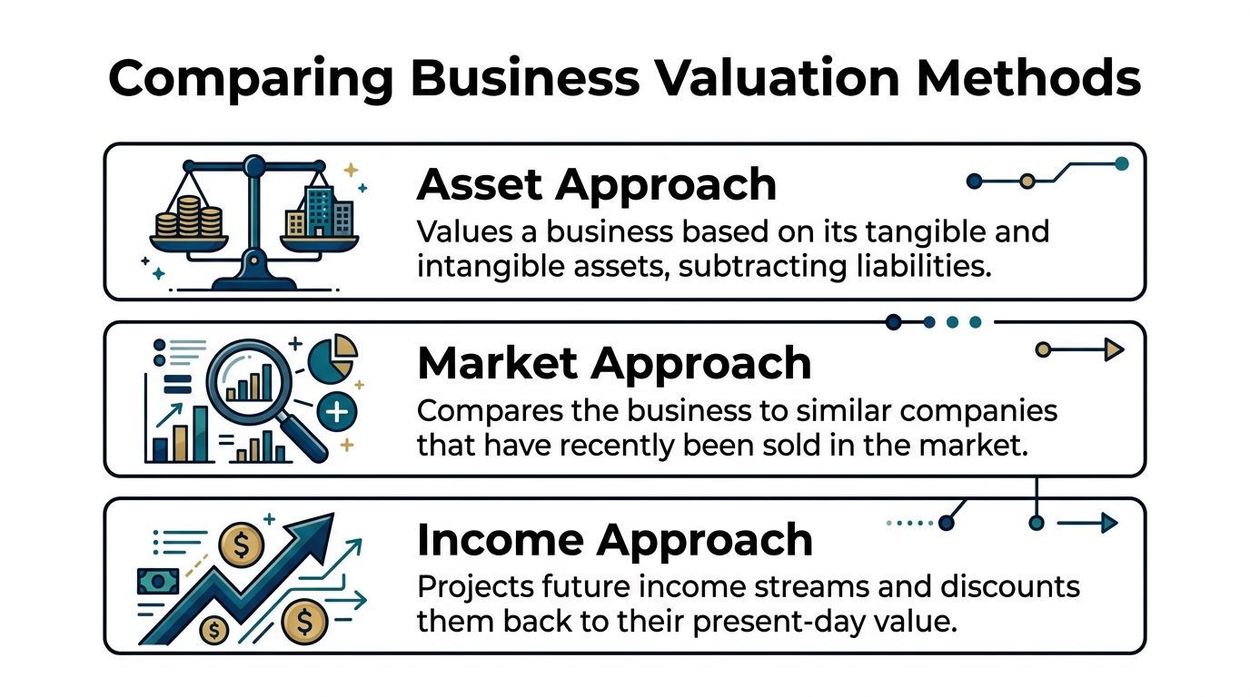 A visual comparison infographic detailing the three primary methods for business valuation: asset, market, and income.