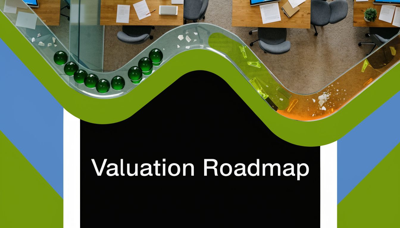 A conceptual graphic for a Valuation Roadmap featuring glass spheres moving along a curved industrial-style path.