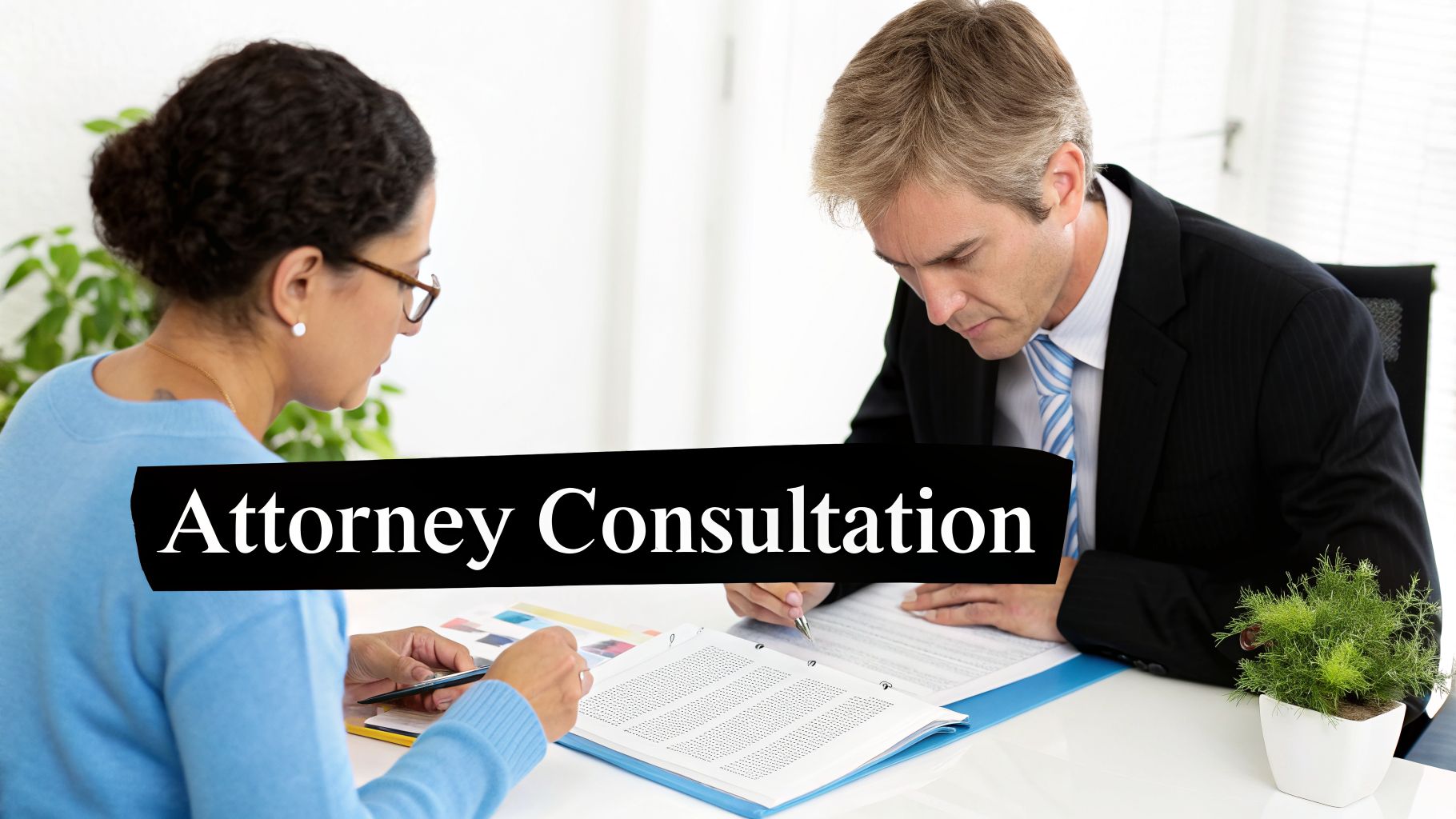 A woman consulting with a male attorney, both reviewing documents at a desk during a consultation.