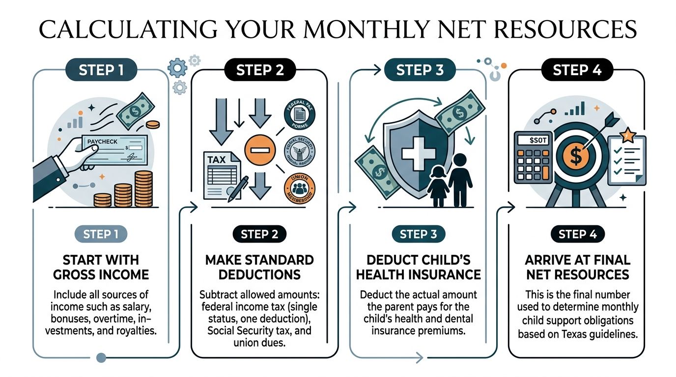 An infographic detailing the four-step process for calculating monthly net resources for child support purposes.