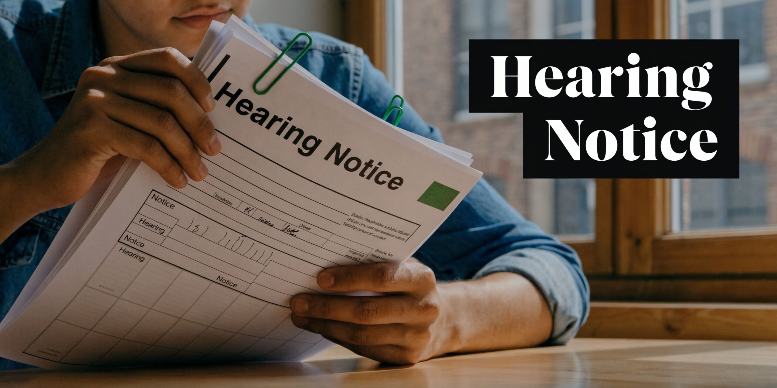 A person holding a stack of legal papers titled Hearing Notice at a desk.