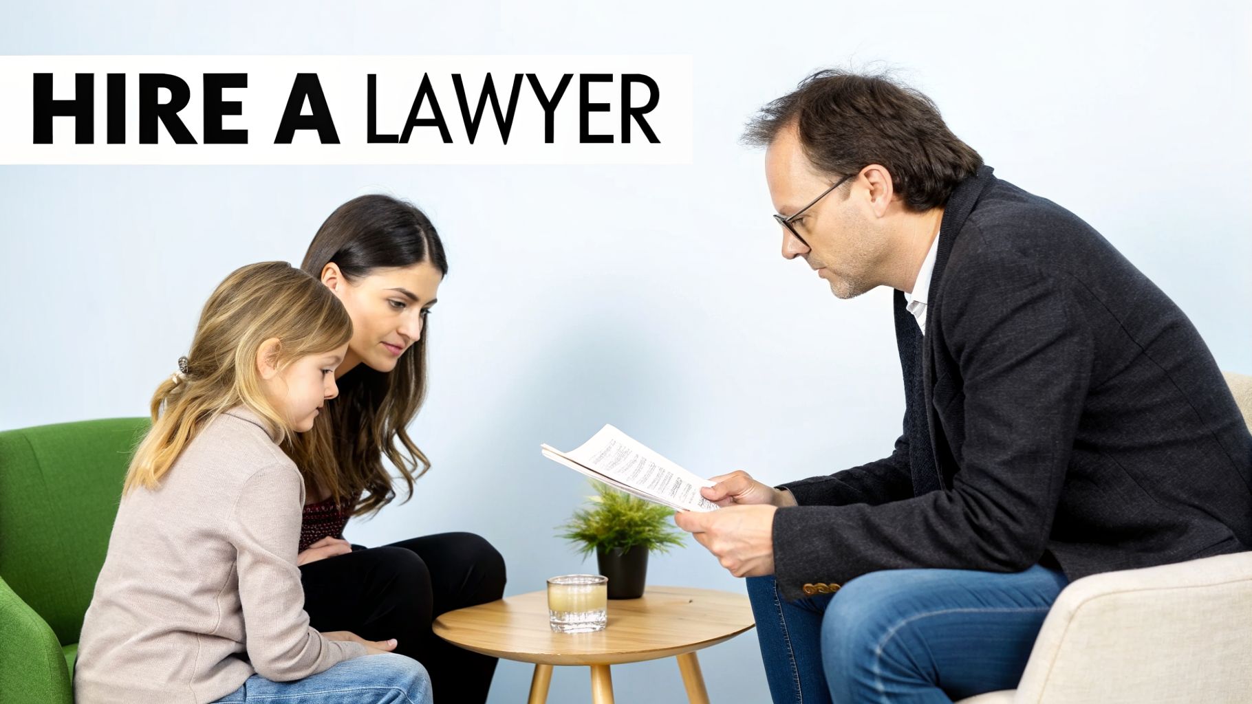 A lawyer consults with a woman and child, reviewing documents in a professional office setting.