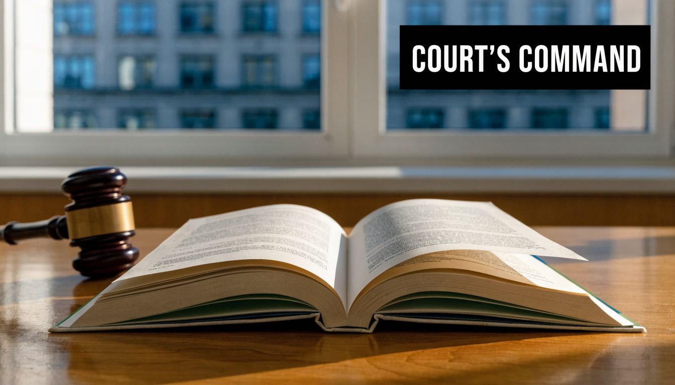 A gavel sits on a wooden desk next to an open law book before a window.