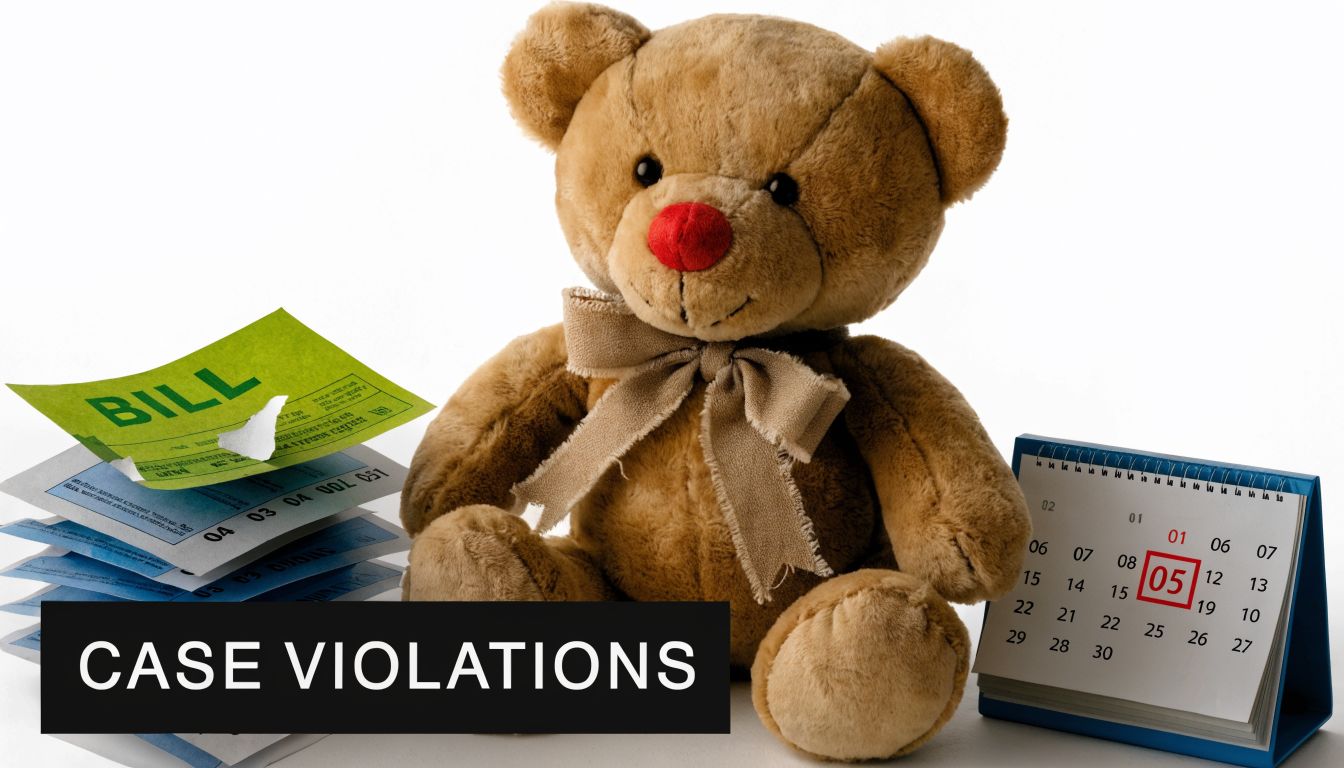 A teddy bear sits beside a stack of bills and a calendar marked with the date five.