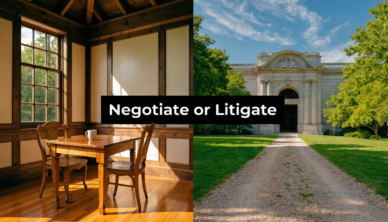 A split screen showing a cozy wooden room and a grand stone building representing legal choices.