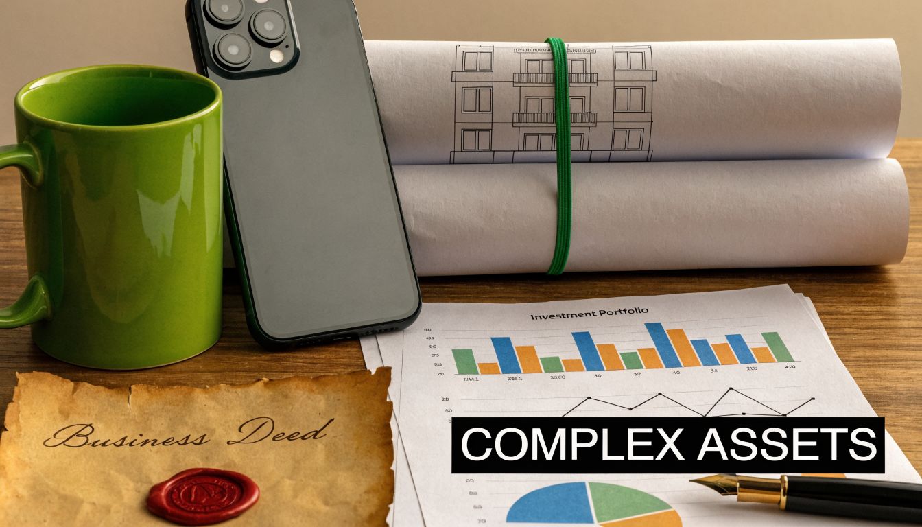 A wooden table featuring a business deed, architectural blueprints, a smartphone, a mug, and financial investment charts.