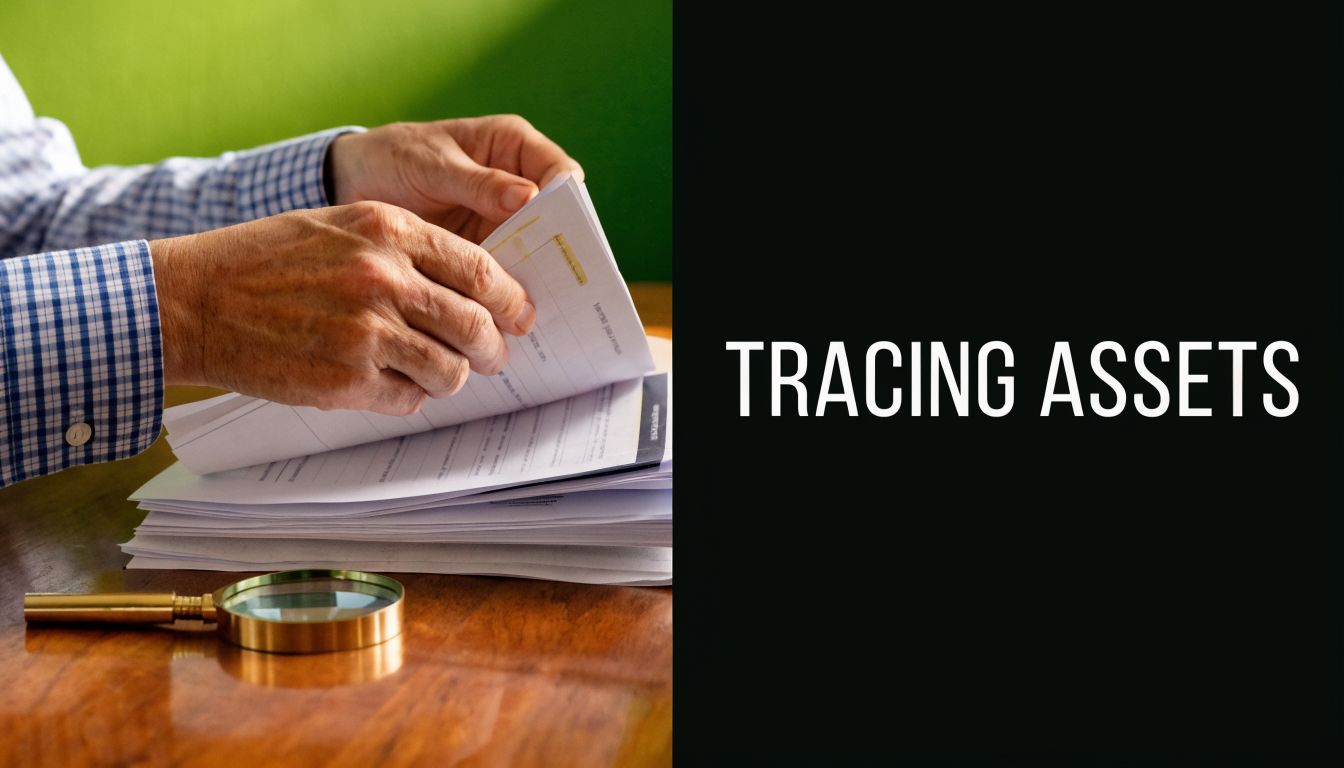 A person in a plaid shirt reviews financial documents with a magnifying glass for asset tracing.