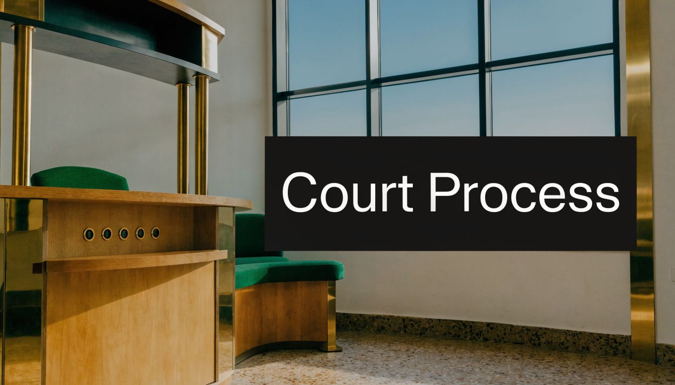 A courtroom interior featuring a wood desk with green chairs and a large window.