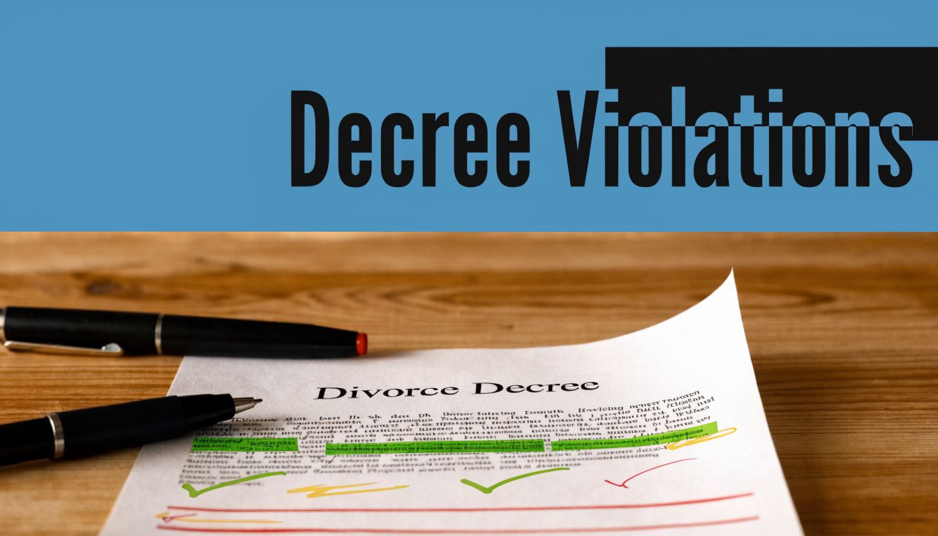 A document titled Divorce Decree on a wooden table with pens and highlighted text indicating violations.