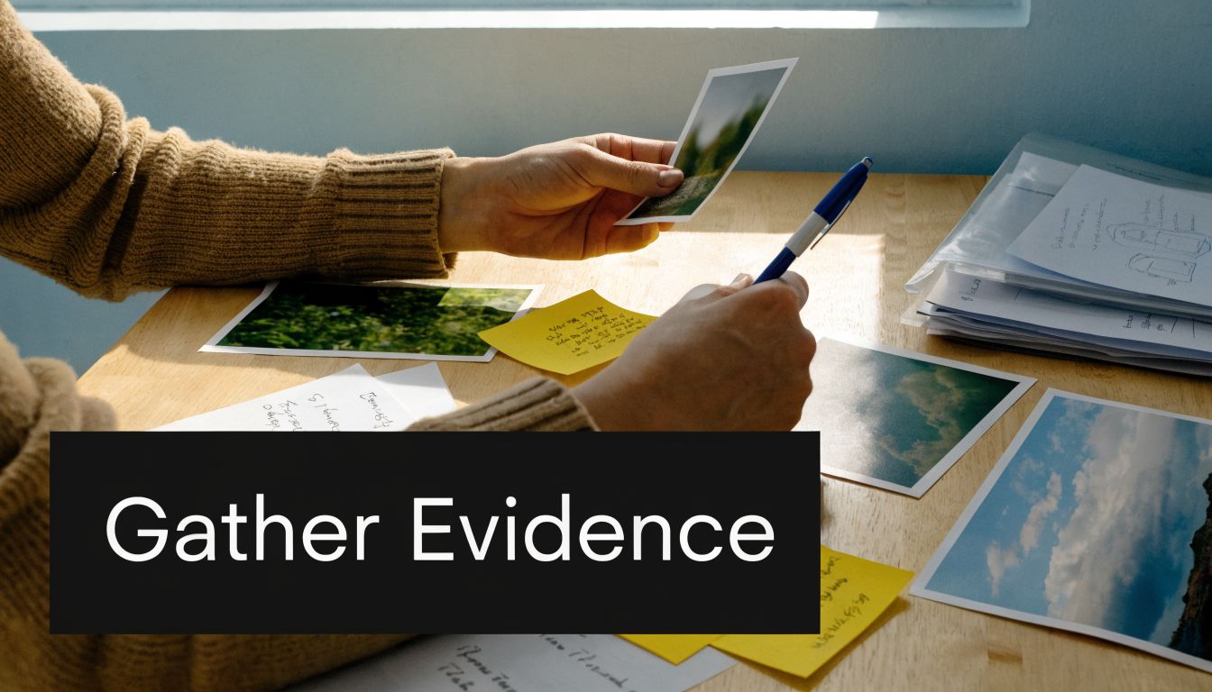 A person organizing photographic evidence and handwritten notes on a desk to prepare for a legal case.