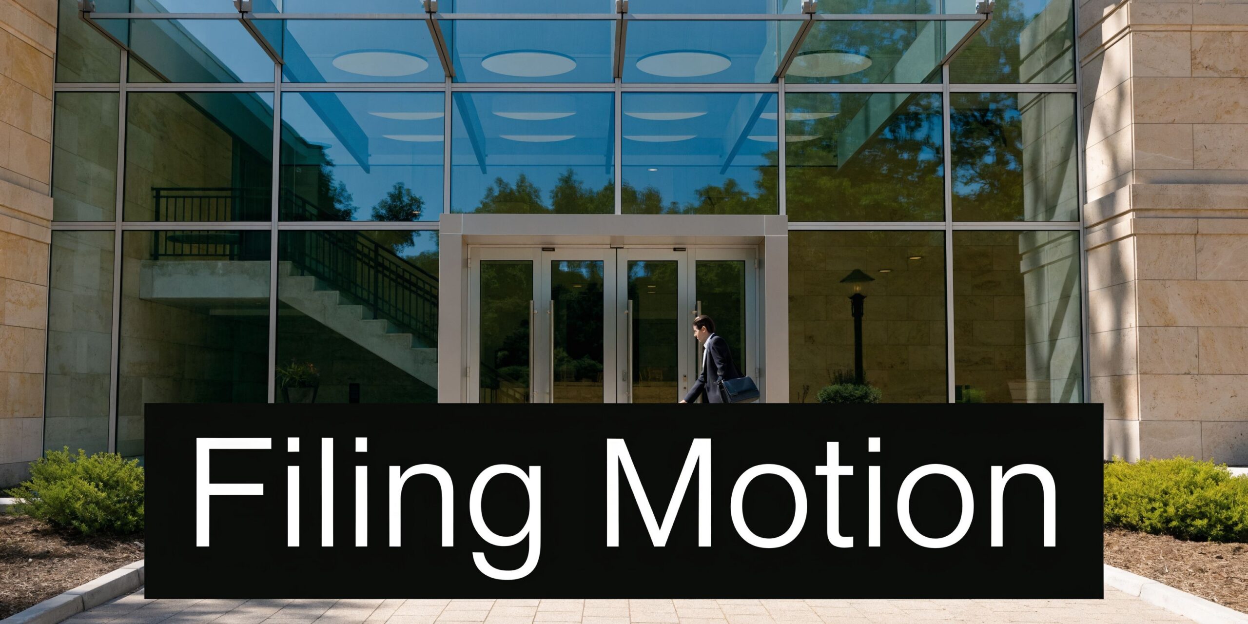 A professional man walking out of a modern corporate building entrance carrying a leather work bag.