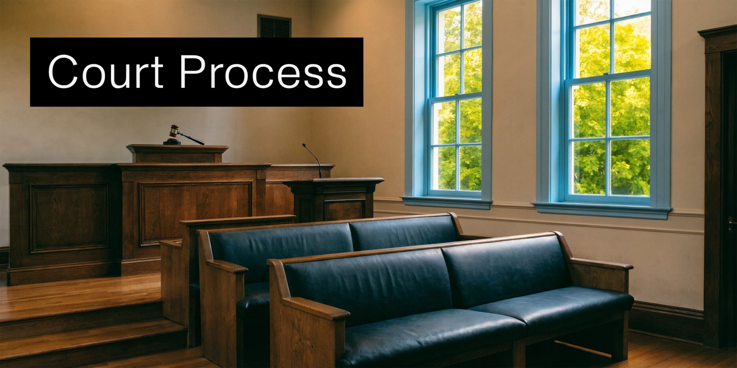 An empty wooden courtroom featuring benches and a judge's bench with a gavel in Montgomery County.