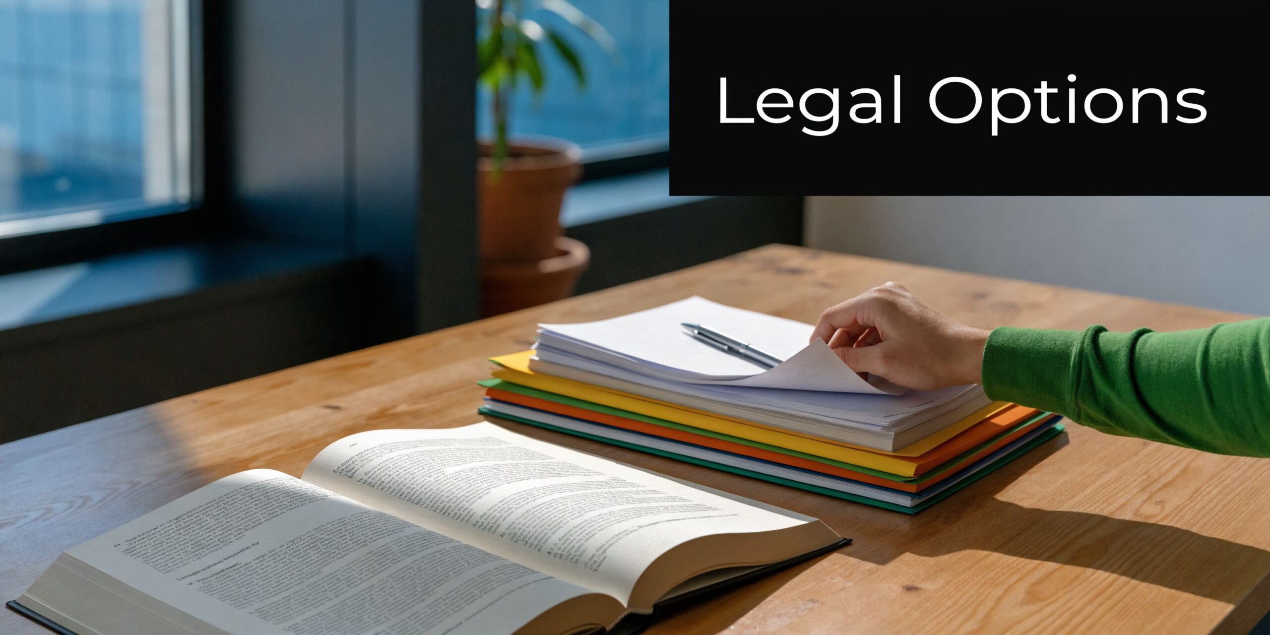 A person reviewing legal documents on a wooden desk next to an open law book.