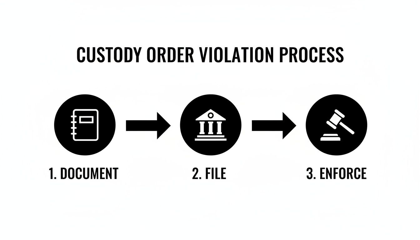 Flowchart illustrating a three-step custody order violation process: document, file, and enforce.