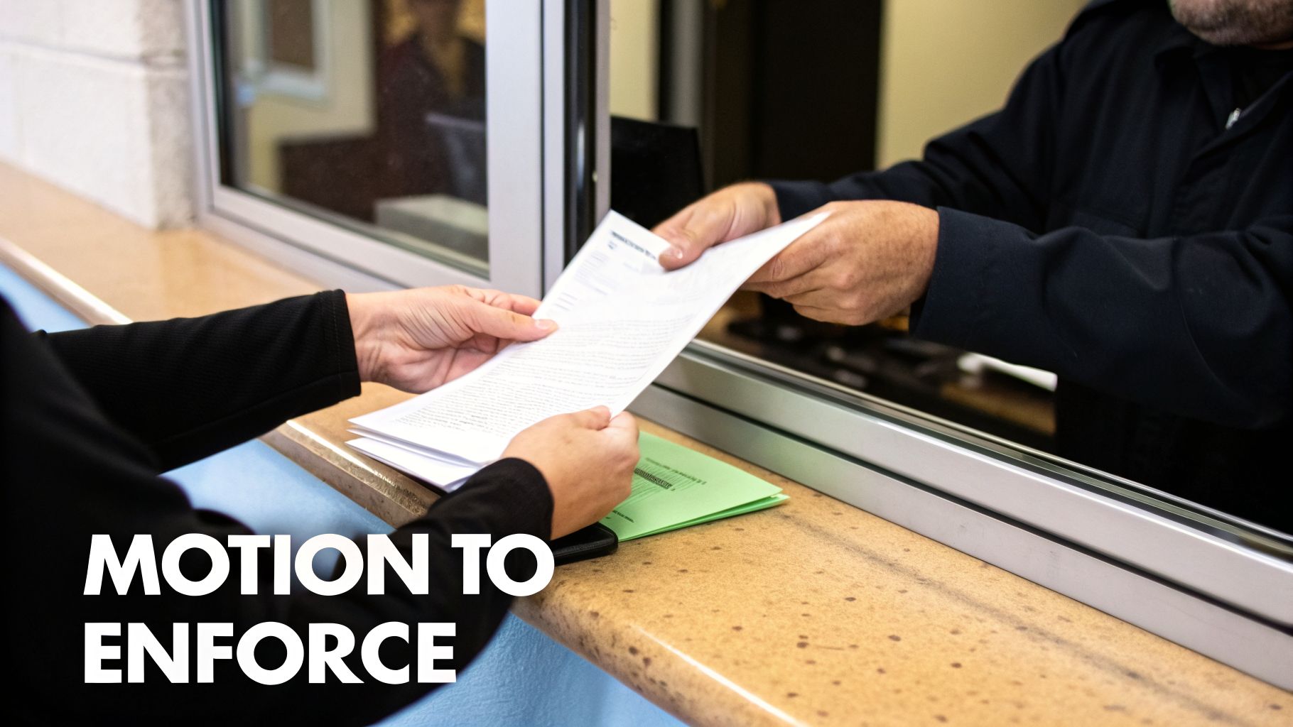 Two people exchange legal documents across a counter, with 'MOTION TO ENFORCE' text overlay.