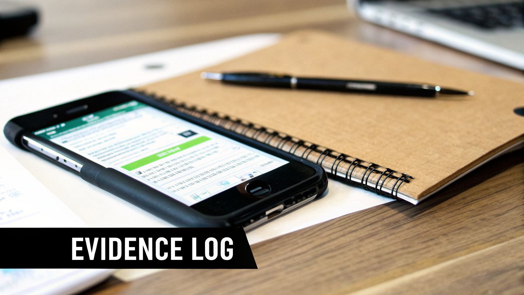 A smartphone displaying data, pen, and notebook on a wooden desk with "EVIDENCE LOG" text.