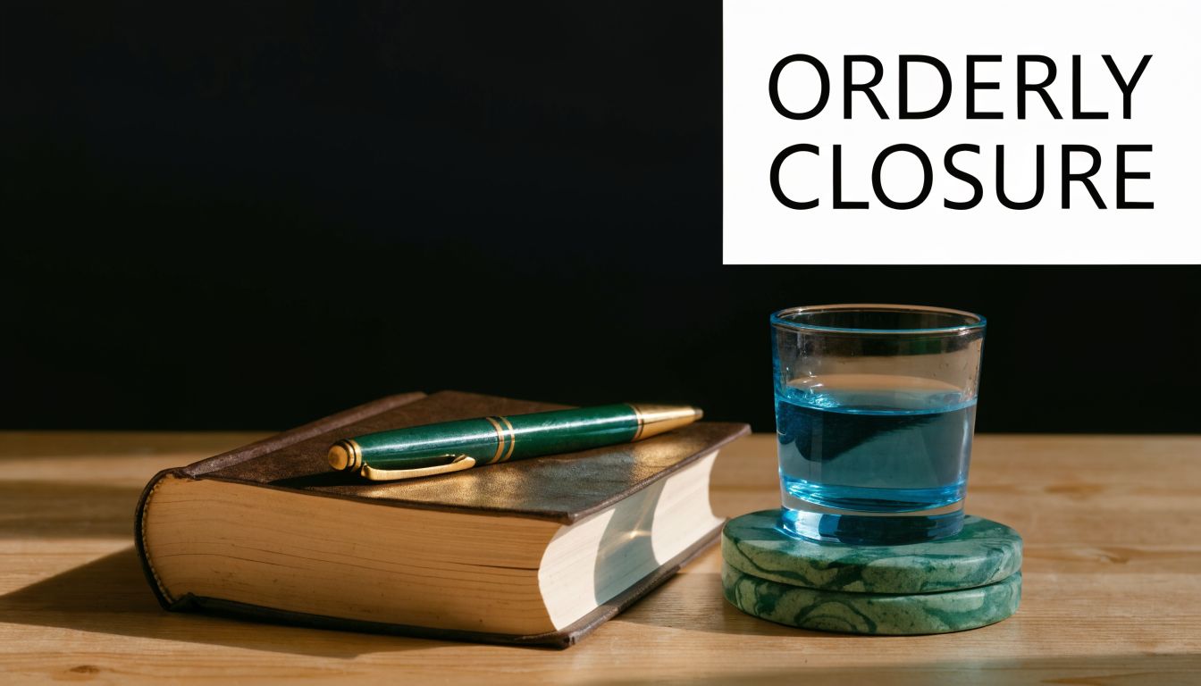 A leather-bound book, a green pen, and a glass of water on a wooden desk.