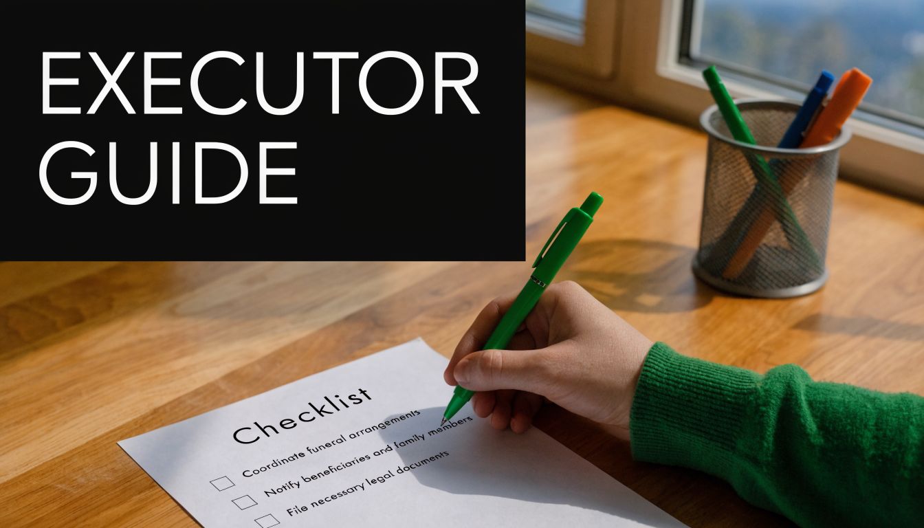 A person writing on an executor guide checklist for estate administration tasks on a wooden desk.