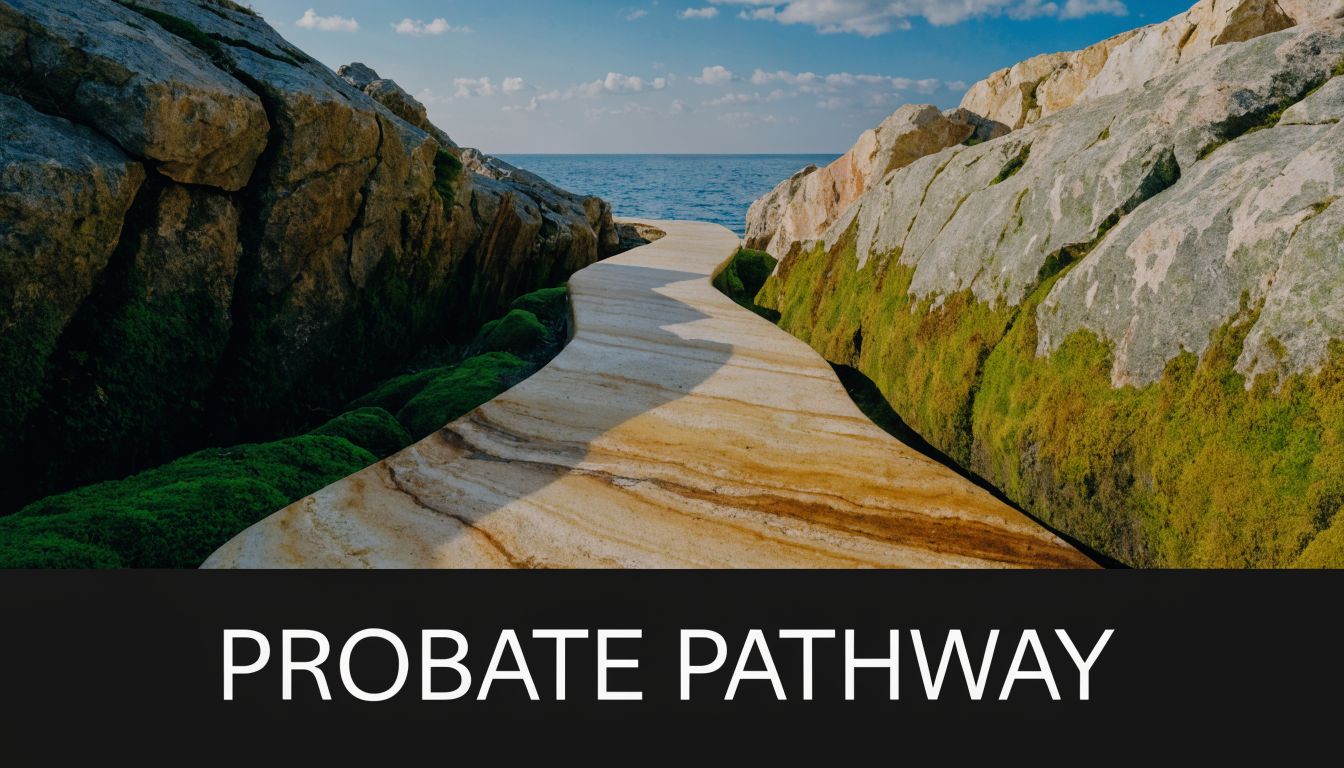 A scenic winding stone path leads towards the open ocean between two mossy rocky cliffs.