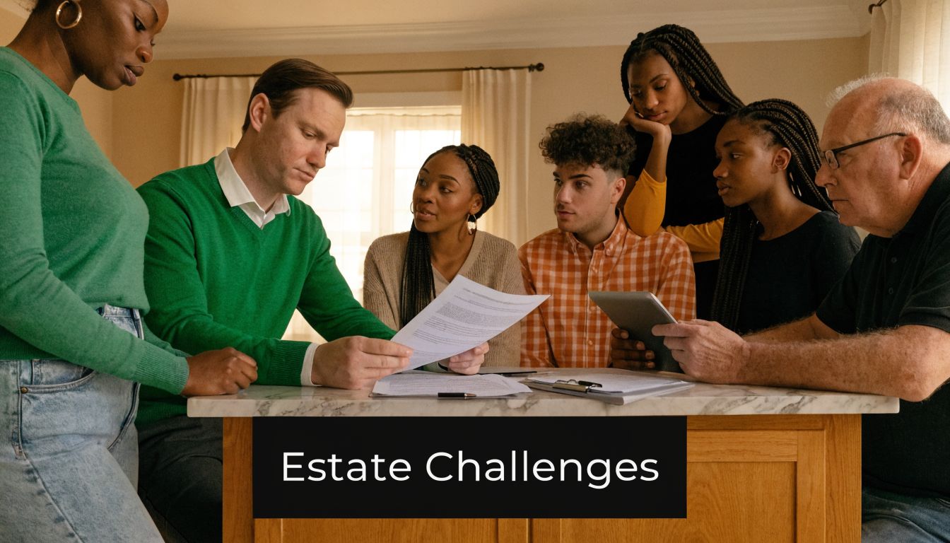 A diverse group of people sitting around a table reviewing legal documents for estate planning.
