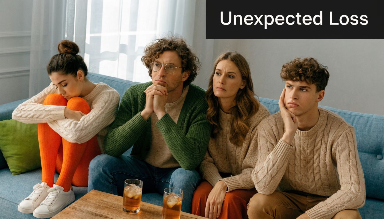 A family of four sits on a couch looking somber and distressed, reflecting feelings of unexpected loss.