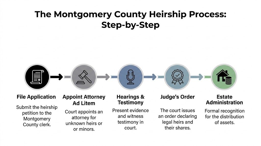 A diagram illustrating the five-step Montgomery County heirship process for legal distribution of estate assets.