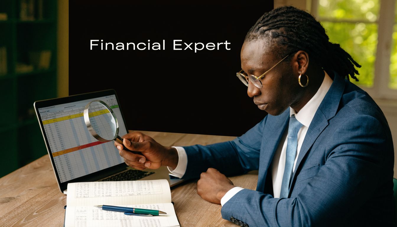 A professional financial expert using a magnifying glass to carefully analyze detailed financial spreadsheets on a laptop.