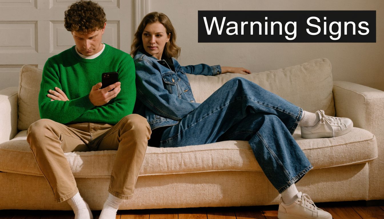 A woman looks at her partner who is distracted by his smartphone while sitting on a couch.