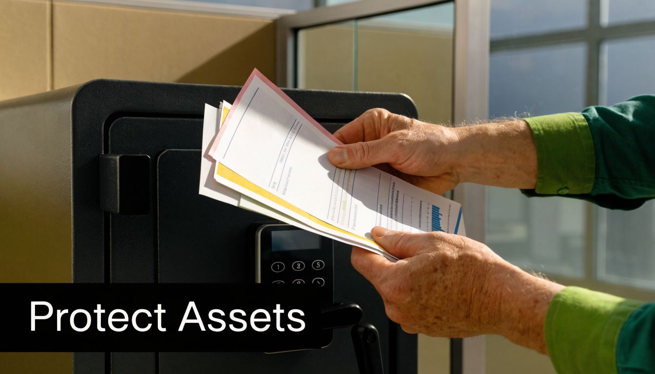 A person holding financial documents in front of a secure home safe for asset protection.