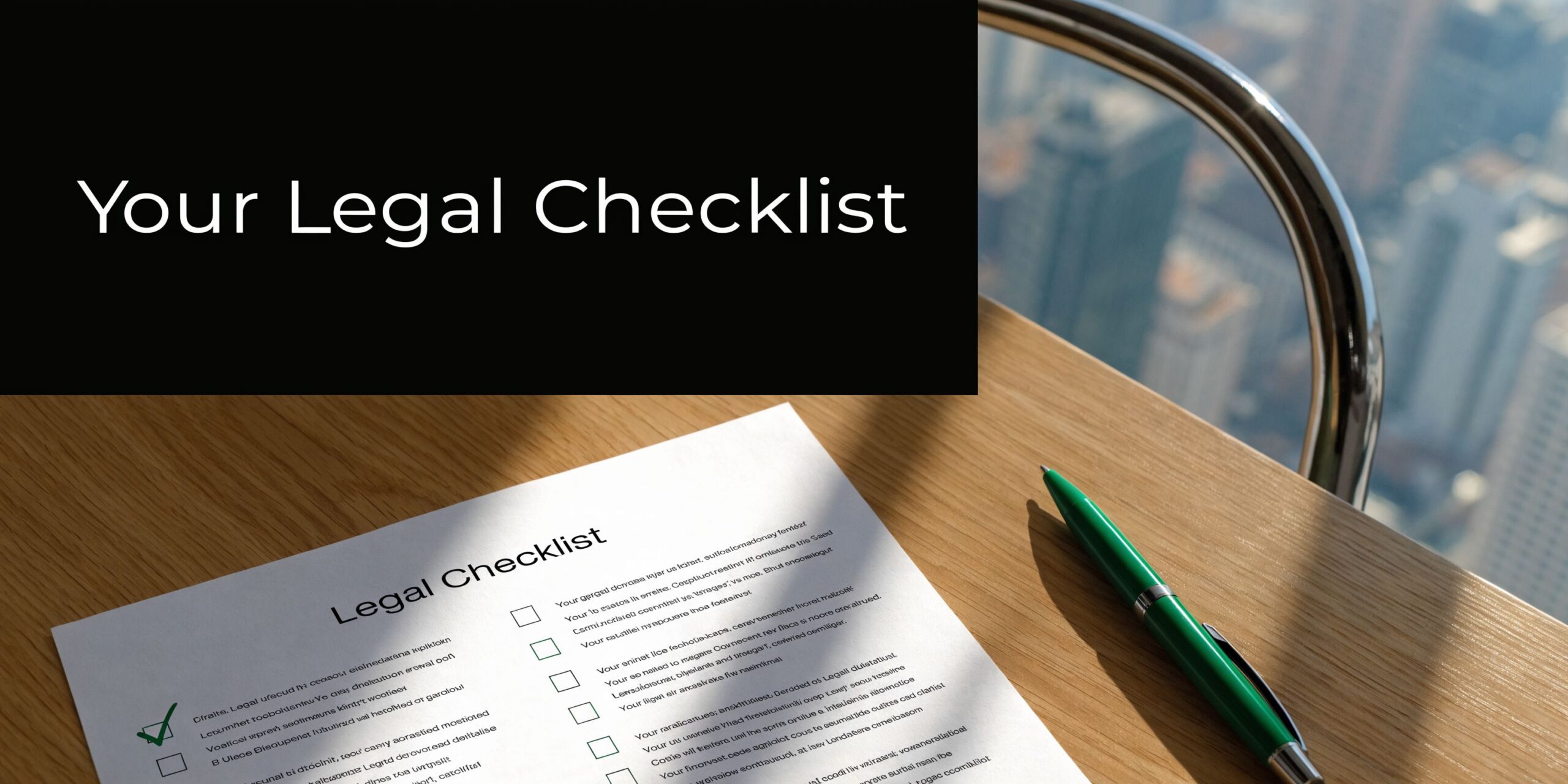 A close-up of a legal checklist paper on a wooden desk next to a green pen.