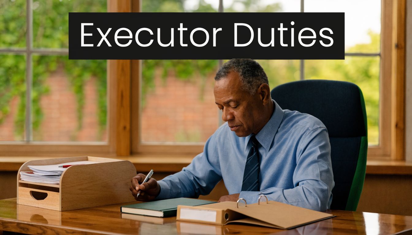 A professional man sitting at a desk reviewing legal documents for estate executor duties in an office.