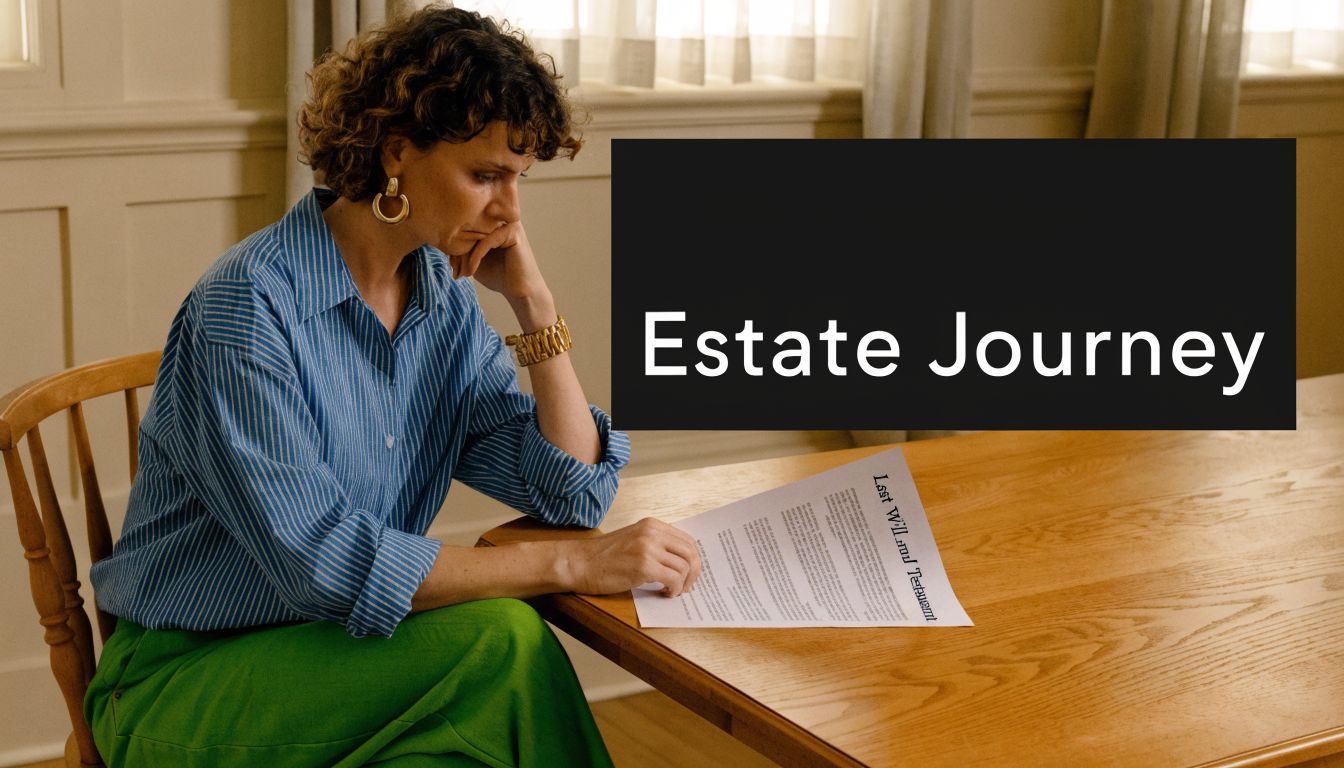 A pensive woman sits at a wooden table looking down at a document labeled Last Will Testament.