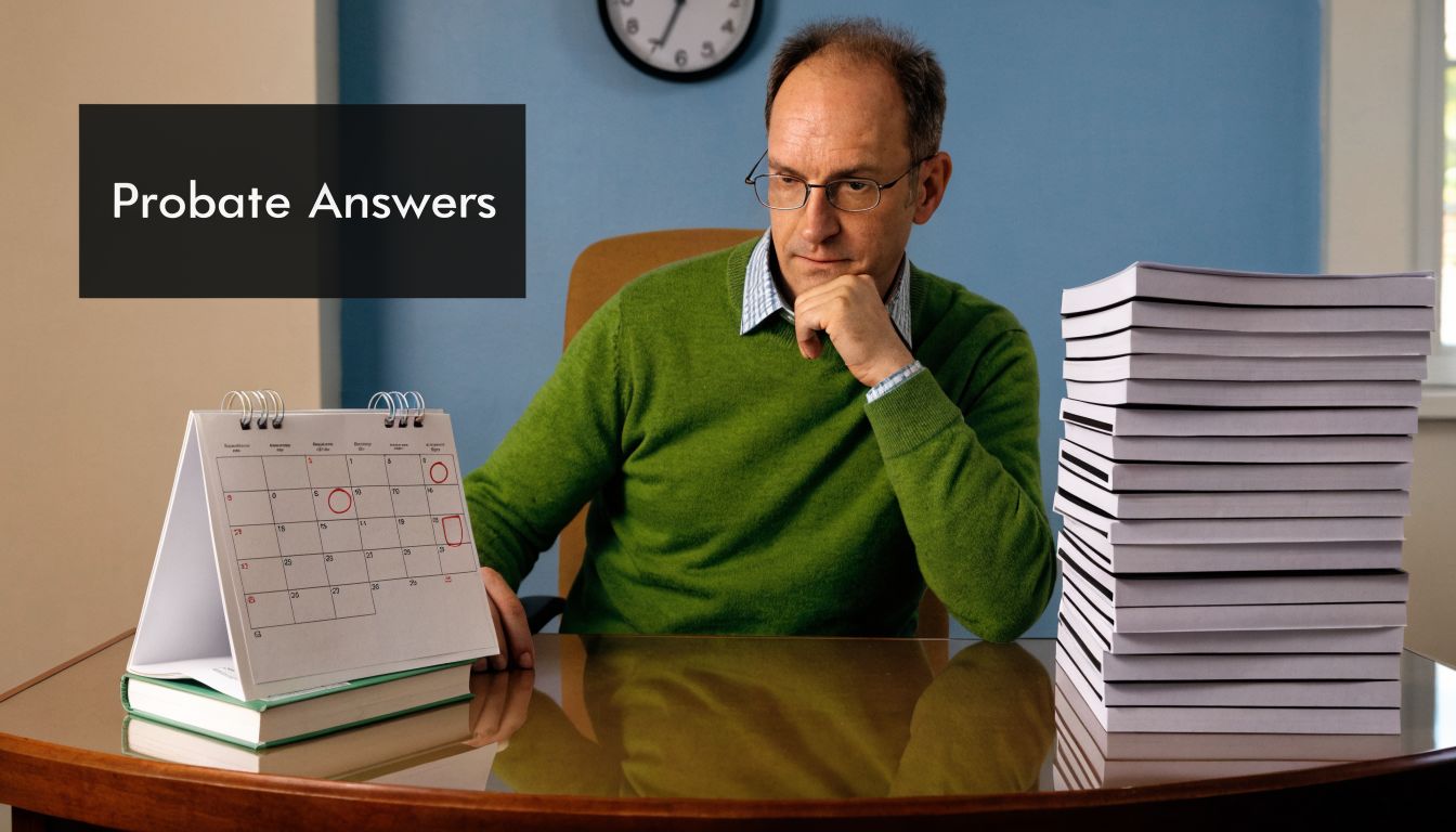 A man in a green sweater sits at a desk with a large stack of documents and calendar.
