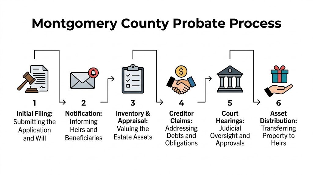 A six-step infographic illustrating the Montgomery County probate process, from filing the will to asset distribution.