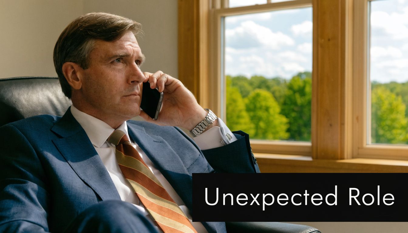 A professional man in a business suit talking on his smartphone while sitting near a bright window.