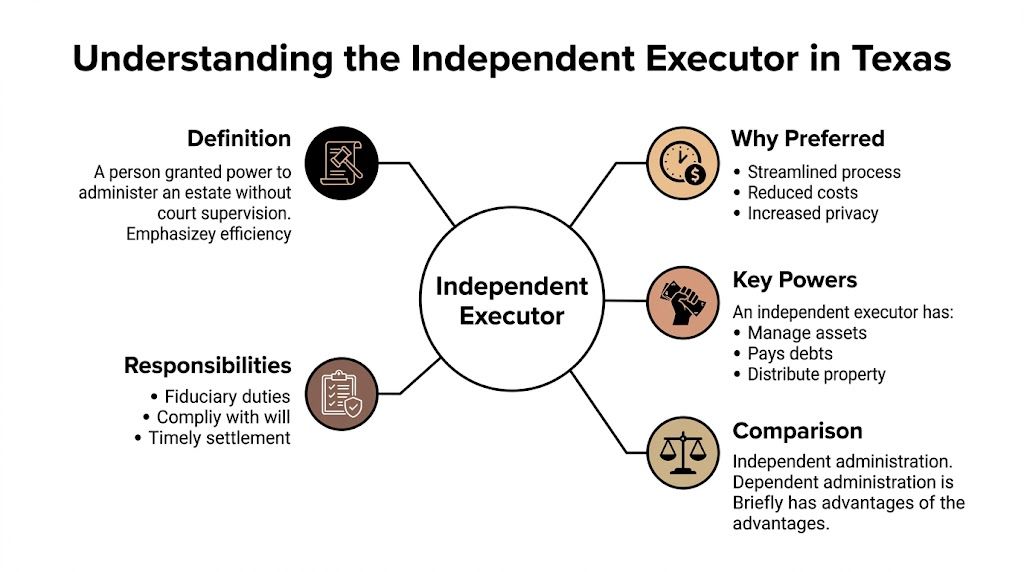 An infographic titled Understanding the Independent Executor in Texas, outlining definitions, powers, responsibilities, and benefits.
