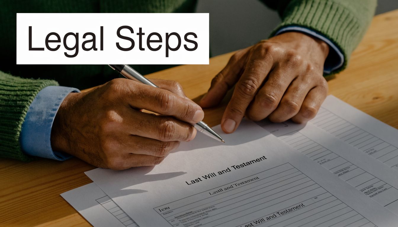 A person signing a legal Last Will and Testament document while sitting at a wooden desk.