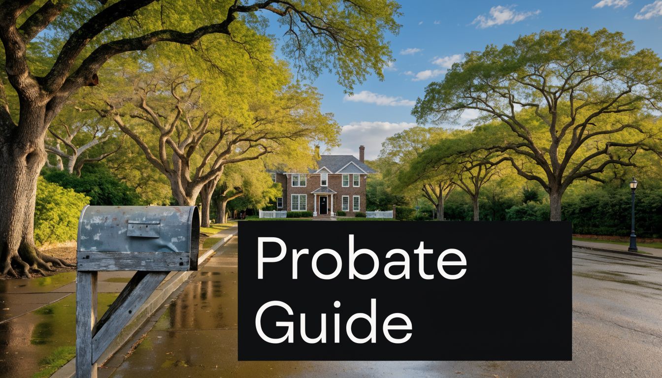 A rustic metal mailbox sits beside a quiet street with a brick house nestled among large trees.