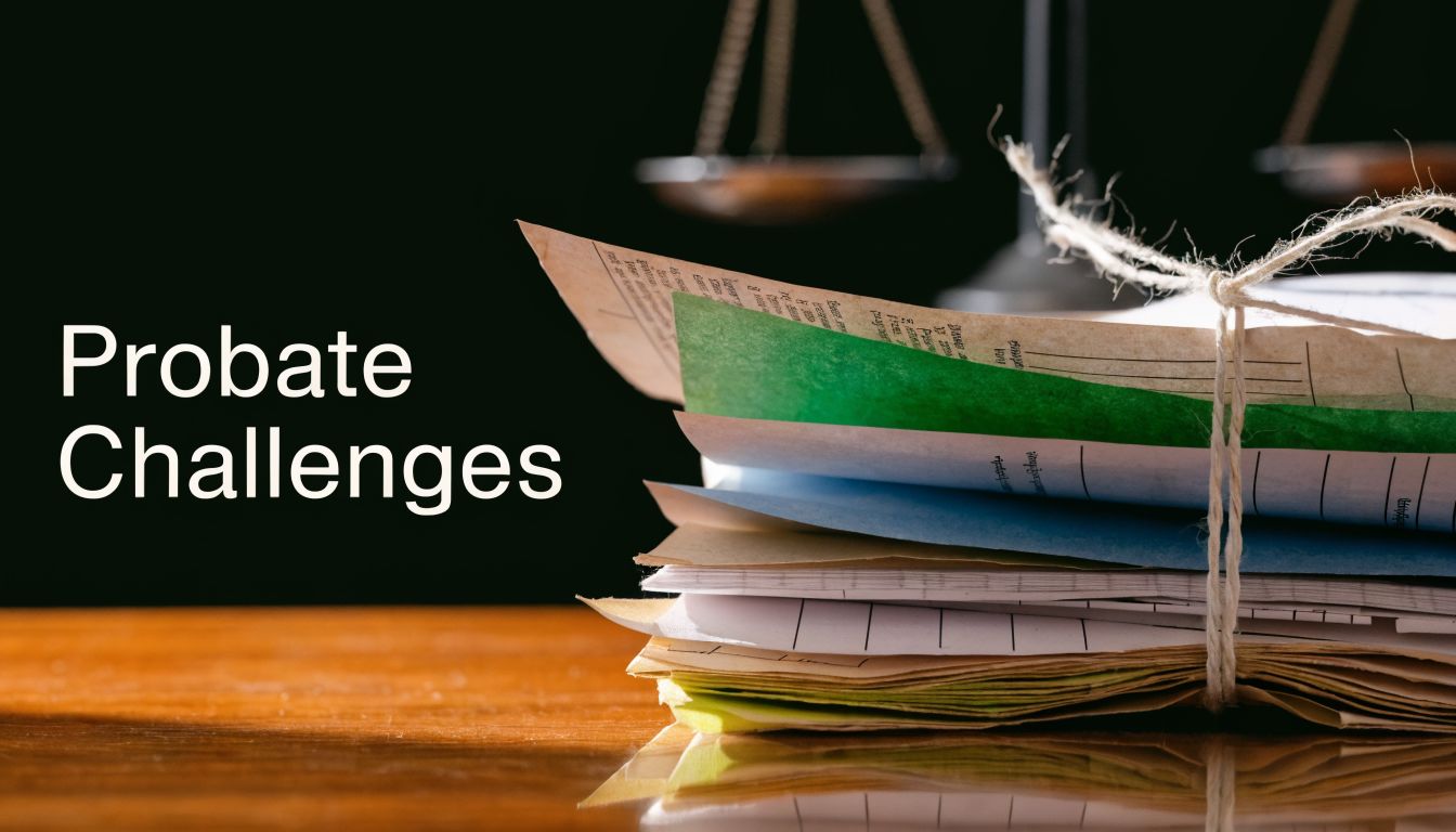 A stack of tied legal documents on a wooden desk with a balanced scale in the background.