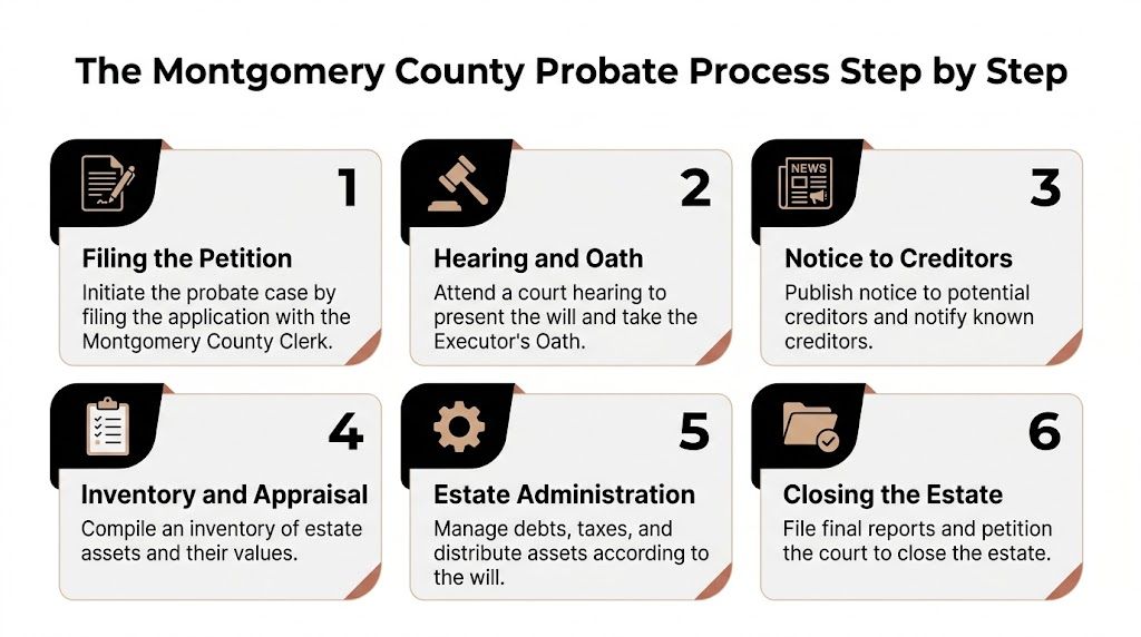 A six-step infographic illustrating the probate process in Montgomery County for executors and legal representatives.