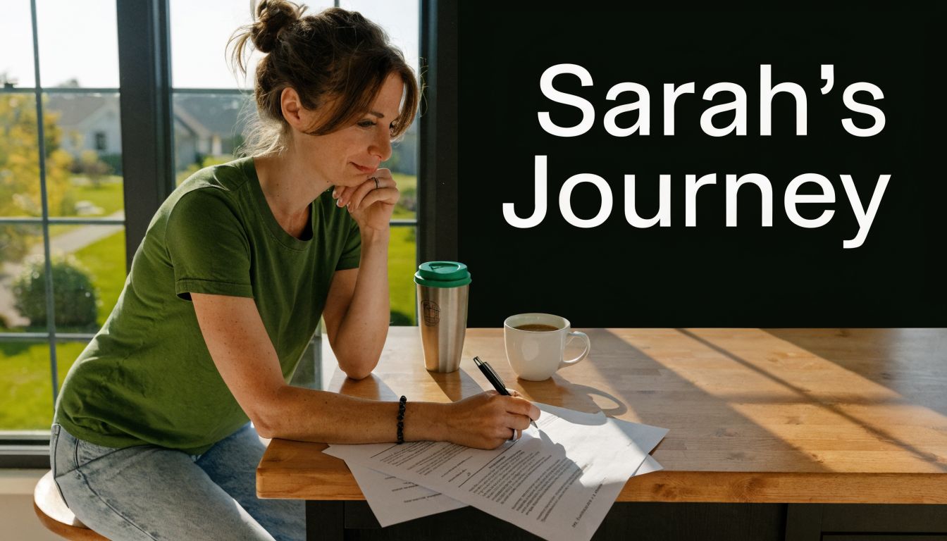 A woman sits at a wooden table reviewing legal documents while drinking coffee near a bright window.