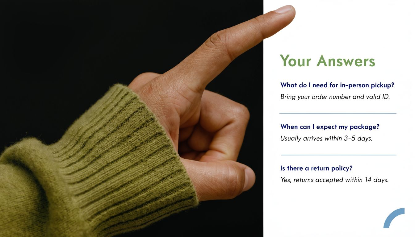 A hand pointing to a document containing frequently asked questions about order pickups, shipping, and returns.