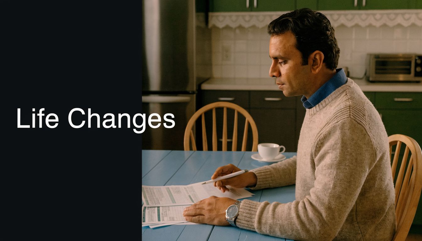 A man sits at a kitchen table reviewing legal documents while drinking coffee.