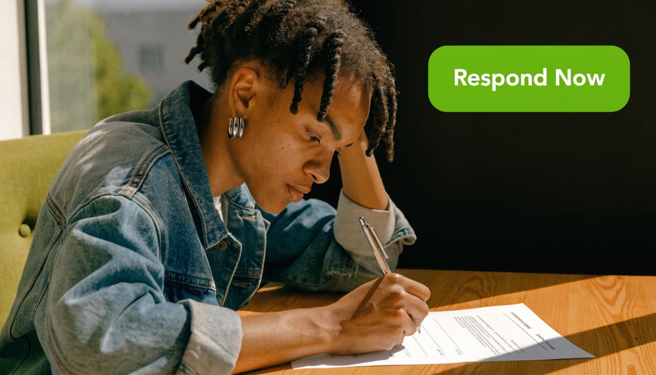 A young person with braids writing on a document while sitting at a wooden table.